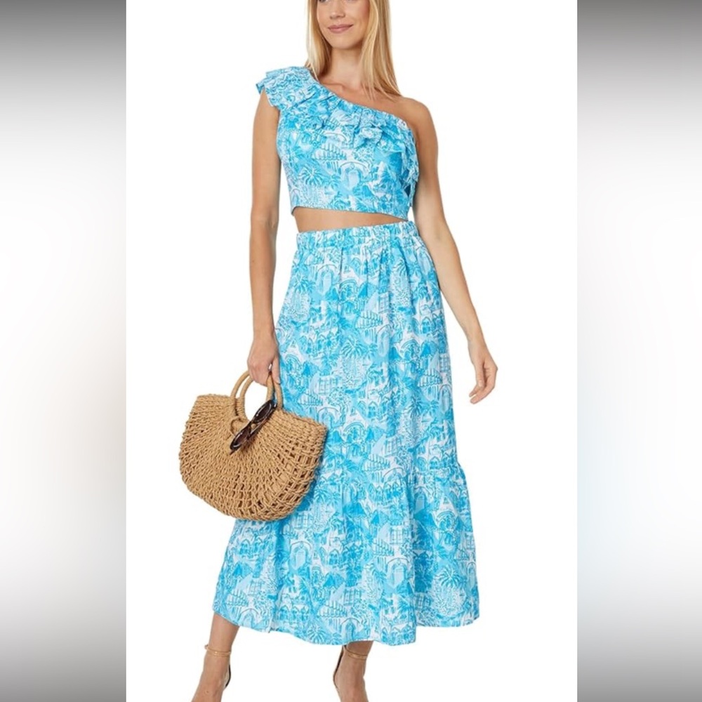 Lilly Pulitzer Kasida Ruffle One Shoulder Top/Skirt Set Blue/White Size 2 EUC - Picture 5 of 6